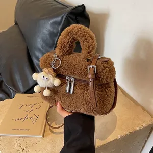 Women Plush Crossbody Bag Faux Lamb Fur Small Square Handbag With Cute Doll Charm Soft Fuzzy Shoulder Bag For Daily Fashion