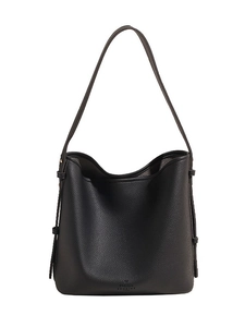 Classic black pebbled leather bucket bag with spacious interior and subtle shoulder strap