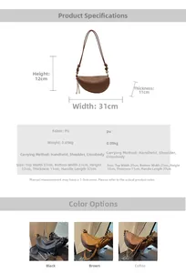 Detailed sizing chart and specifications for the retro half-moon PU leather crossbody bag