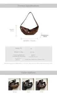Detailed size specifications and dimensions for this pleated PU half-moon crossbody bag