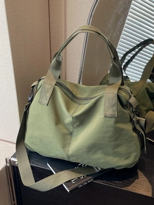 Olive green large capacity tote bag with adjustable shoulder strap and nylon fabric