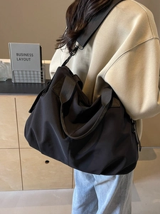 Large black lightweight nylon tote bag for women, stylish crossbody travel shoulder bag