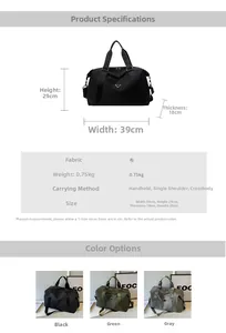 Detailed size chart and multi-color view of this large nylon travel bag with dimensions