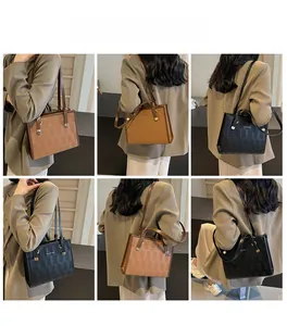 Multiple views of a woven faux leather tote bag in brown and black on a model