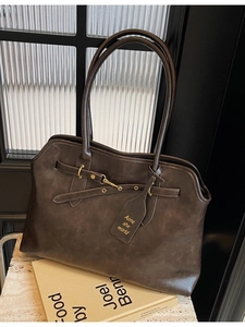 Retro brown large capacity tote bag with dual handles and metal lock detail for women