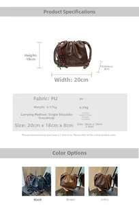 Detailed view of pleated PU leather bucket bag with dimensions 20x18x8cm and tassel charm