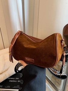 Brown suede pillow bag with ethnic wide strap for women, minimalist crossbody style