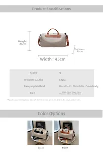 Detailed size specifications for the canvas duffel bag including crossbody strap and dimensions