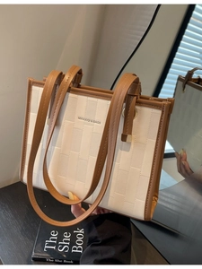 Chic beige and brown patchwork tote bag with diamond weave pattern for daily work commute