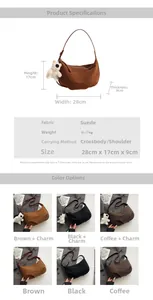 Detailed view of suede hobo bag with teddy charm showing dimensions and color options