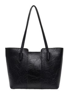 Classic black wrinkled PU leather tote bag with long shoulder straps and U-shaped stitching