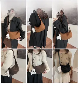 Retro frosted crescent bags in coffee and brown shown from various angles with bear charms