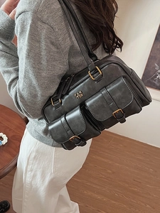 Retro grey matte leather underarm bag with multi-pocket design and vintage gold hardware