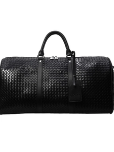 Grande borsa da viaggio in pelle intrecciata nera con cerniera argento e manici