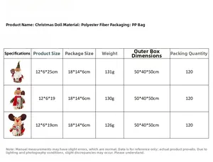 Size guide for plush Christmas dolls including Santa, Snowman and Reindeer ornaments
