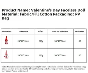 Gedetailleerde maattabel en materiaalgegevens voor de Valentijnsdag kabouter pluche pop