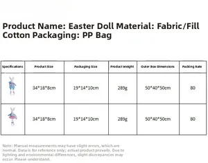 Size chart for Easter bunny plush showing product dimensions 34x18x8cm and weight details
