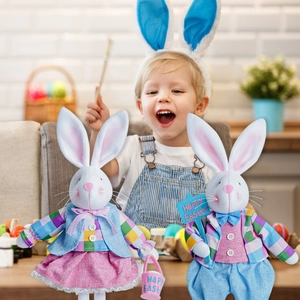 Easter bunny plush figurines in colorful outfits set in a festive scene with eggs