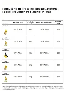 Größentabelle für Bienen-Zwerge mit Maßen und Materialdetails für die Dekoration