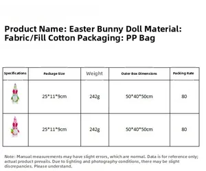 Detailed size chart for handmade Easter gnome rabbit dolls showing material and dimensions
