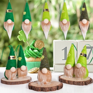 Detail of St. Patrick's Day green gnomes with clover hats and white beards hanging decorations