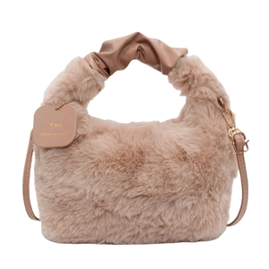 Faux fur handbag in light beige with brown pleated handle and detachable crossbody strap