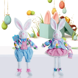 Detailed view of male and female Easter bunny plush set holding Happy Easter signs and baskets