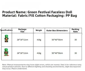 Tableau des tailles détaillé pour gnomes de la Saint-Patrick en tissu doux et coton
