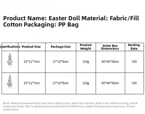 Easter gnome plush doll size details and material specifications shown in table view