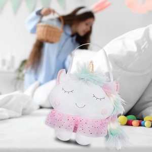 Cute unicorn plush gift basket with colorful mane and pink tulle skirt for Easter