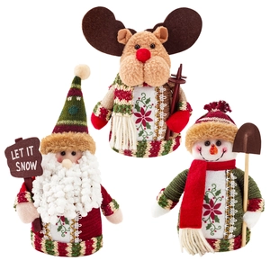 Three-piece Christmas plush set featuring Santa Claus, Snowman and Reindeer decorations
