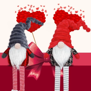 Set of two long-legged Valentine gnomes with plush hats and striped legs for home decor