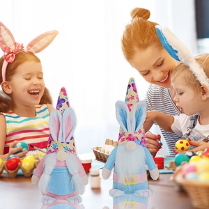 Easter gnome plush set with rabbit ears and floral hats in a sunny family home setting
