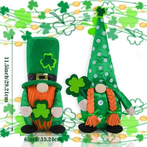 Pair of Saint Patrick’s Day plush gnomes with green shamrock hats and orange beards
