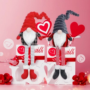 Detail of Valentine's Day long-legged gnomes set with red hearts and plush textures