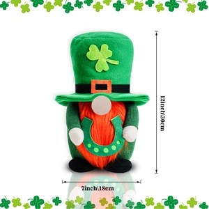 Gnome de la Saint-Patrick en peluche avec chapeau trèfle vert et barbe orange, 30 cm