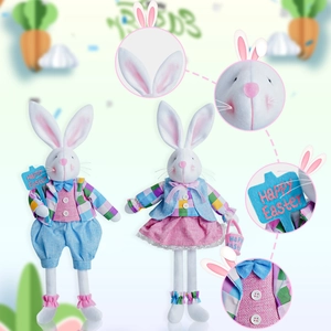 Easter bunny plush couple set in plaid outfits with Happy Easter sign decoration