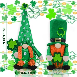 Detailed size chart of St. Patrick's Day plush gnomes with green shamrock decor
