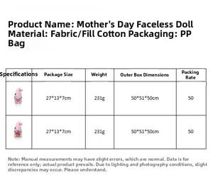 Detail specifications of Mother's Day faceless gnome doll with dimensions and material info
