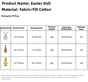 Detailed size specifications and material chart for Easter gnome plush decorations