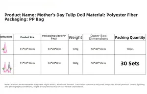 Tableau des tailles montrant les dimensions du nain tulipe en peluche pour la fête