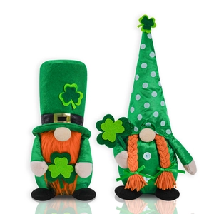 Close-up of Saint Patrick's Day gnomes featuring green hats and orange beards for decor