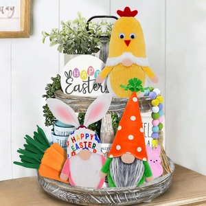 Easter tiered tray decor set with bunny gnomes and Happy Easter wooden sign