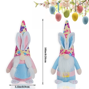 Detailed view of plush Easter gnomes with bunny ears and floral hats featuring dimensions