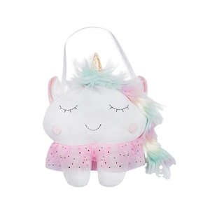 Cute white unicorn plush handbag with colorful hair and sequin tutu for Easter