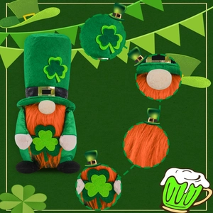 Detailed view of St. Patrick's Day green gnome with orange beard and shamrock