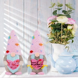 Mother's Day Pink Gnome Plush Doll Decoration With Flower Pearl Heart Mom Gift Handcrafted Desktop Gnome Ornament Decor