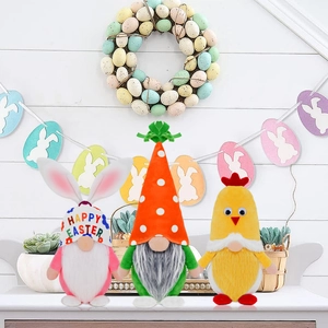 Detailed trio of Easter gnomes with rabbit, carrot and chick hats for home decor