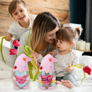 Pink Mother's Day gnomes featuring 'I Love You Mom' and heart detail decorations