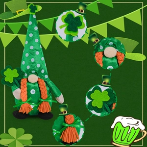 Detail shots showing clover embroidery and orange braided pigtails on the green gnome